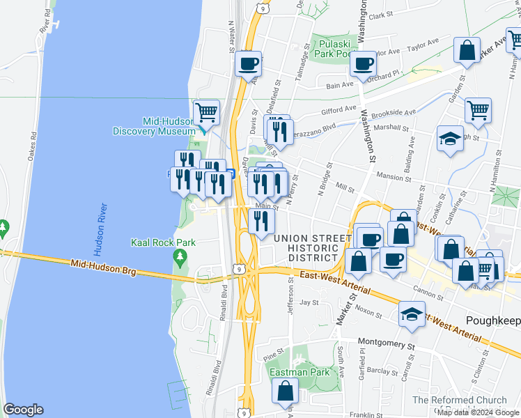 map of restaurants, bars, coffee shops, grocery stores, and more near 6 Davies Place in Poughkeepsie