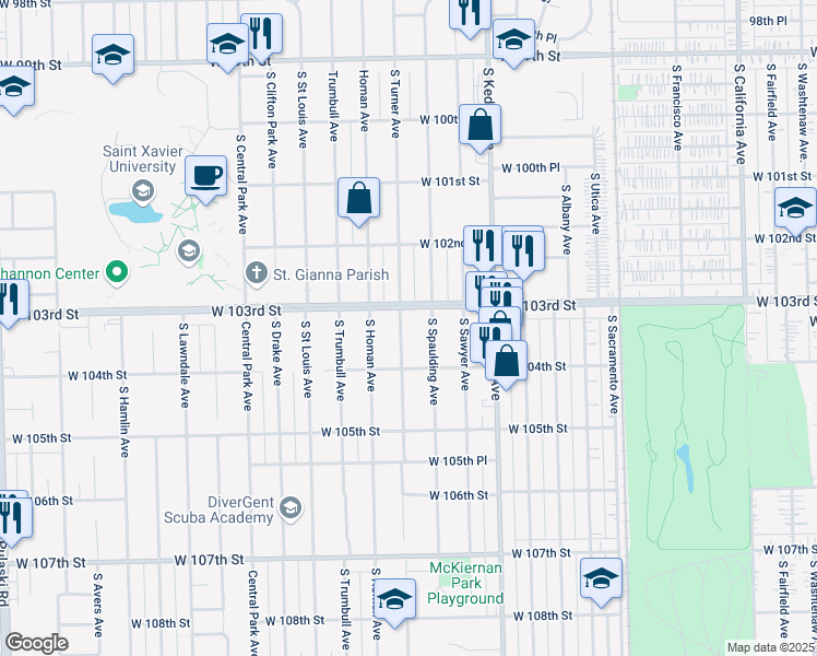 map of restaurants, bars, coffee shops, grocery stores, and more near 10301 South Christiana Avenue in Chicago