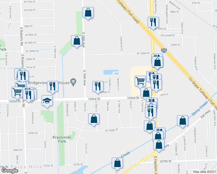 map of restaurants, bars, coffee shops, grocery stores, and more near 7501 Savoy Lane in Bridgeview