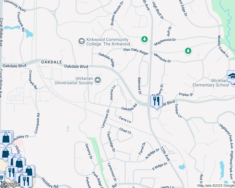 map of restaurants, bars, coffee shops, grocery stores, and more near 2240 Jessica Lane in Coralville