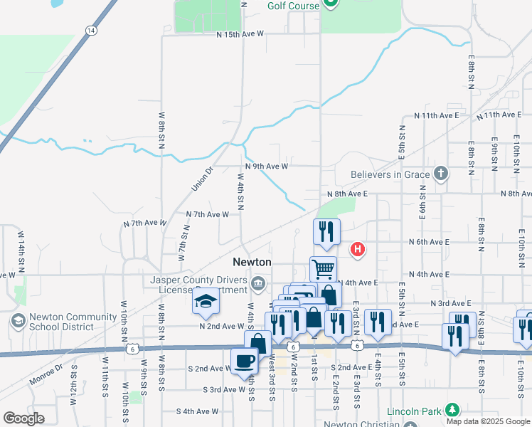 map of restaurants, bars, coffee shops, grocery stores, and more near 818 West 4th Street North in Newton
