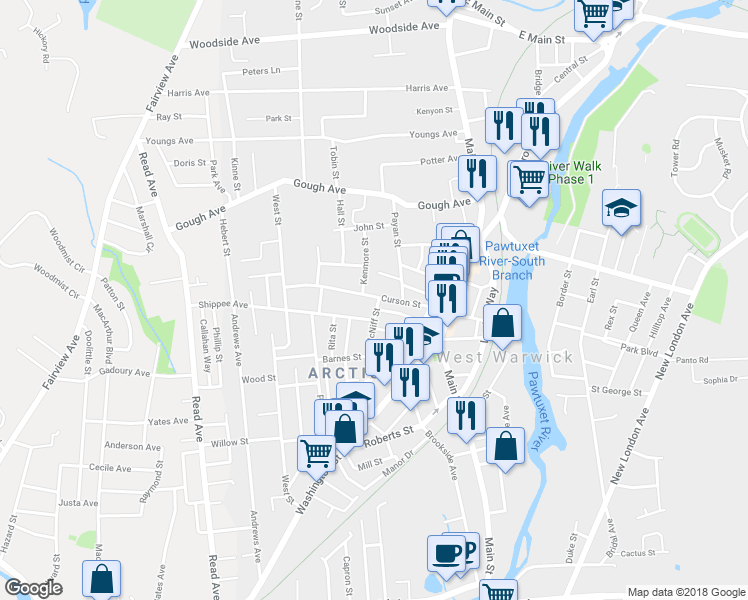 map of restaurants, bars, coffee shops, grocery stores, and more near 54 Curson Street in West Warwick