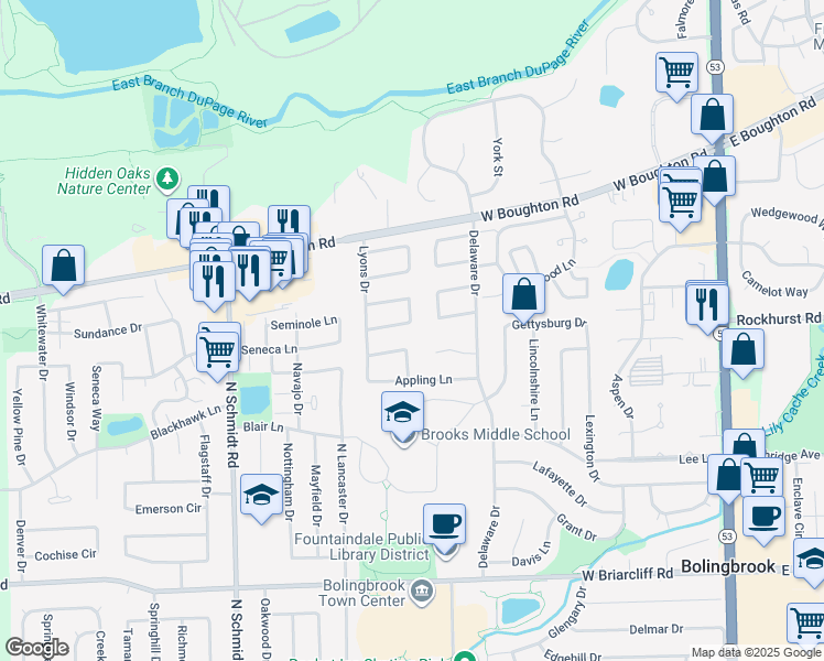 map of restaurants, bars, coffee shops, grocery stores, and more near 339 Gehrig Circle in Bolingbrook