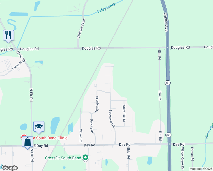 map of restaurants, bars, coffee shops, grocery stores, and more near 54228-54246 Sagewood Dr in Mishawaka