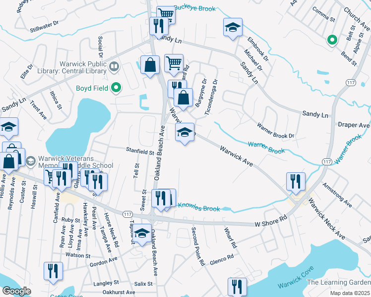 map of restaurants, bars, coffee shops, grocery stores, and more near 2615 Warwick Avenue in Warwick