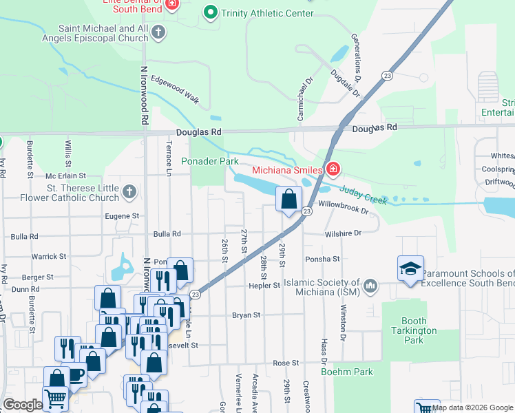 map of restaurants, bars, coffee shops, grocery stores, and more near 54501 28th Street in South Bend