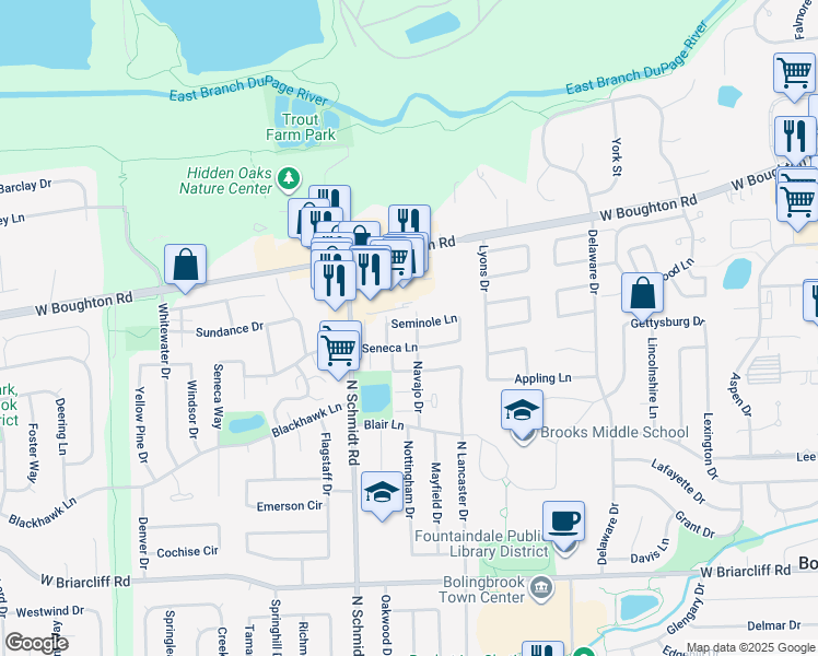 map of restaurants, bars, coffee shops, grocery stores, and more near 455 Seminole Lane in Bolingbrook