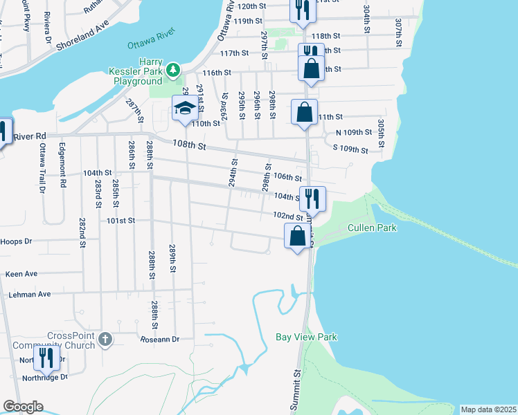 map of restaurants, bars, coffee shops, grocery stores, and more near 2649 102nd Street in Toledo