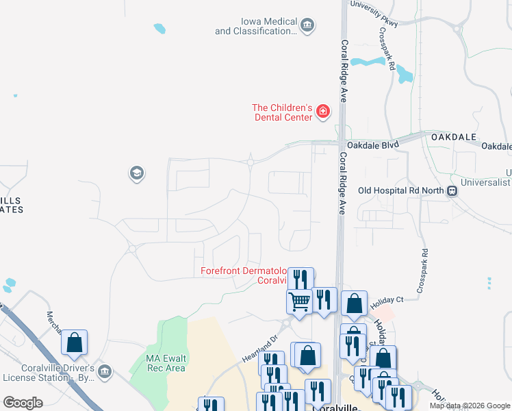 map of restaurants, bars, coffee shops, grocery stores, and more near 2894 Coral Court in Coralville