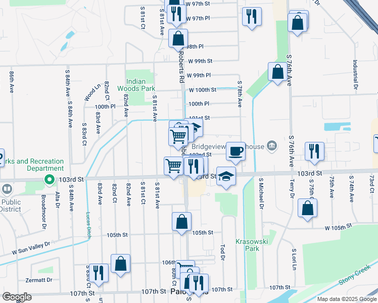 map of restaurants, bars, coffee shops, grocery stores, and more near 7944 102nd Street in Palos Hills