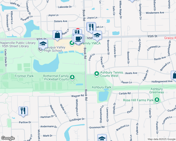 map of restaurants, bars, coffee shops, grocery stores, and more near 1779 Frost Lane in Naperville