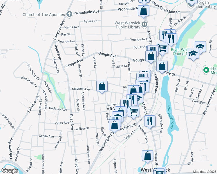 map of restaurants, bars, coffee shops, grocery stores, and more near 9 Middle Street in West Warwick