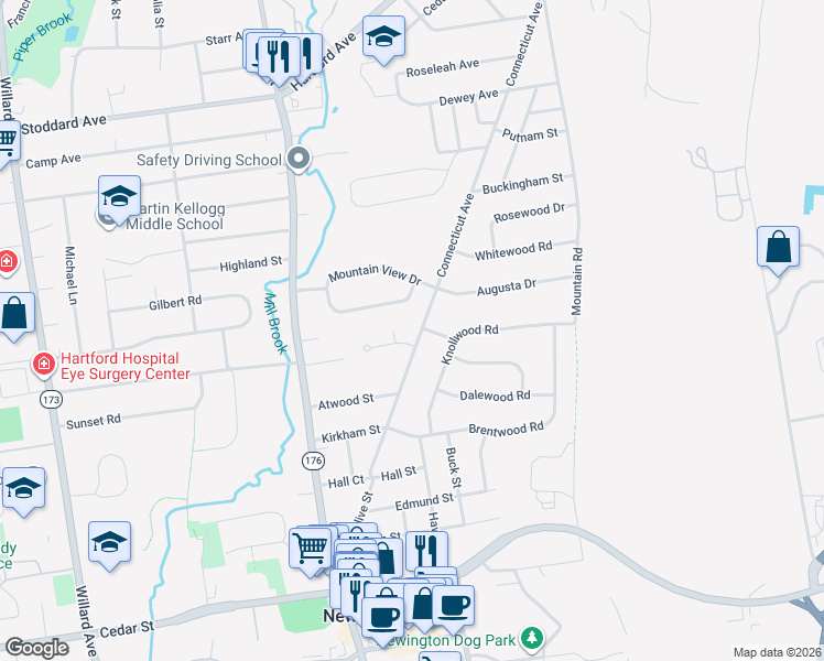 map of restaurants, bars, coffee shops, grocery stores, and more near 75 Crestview Drive in Newington