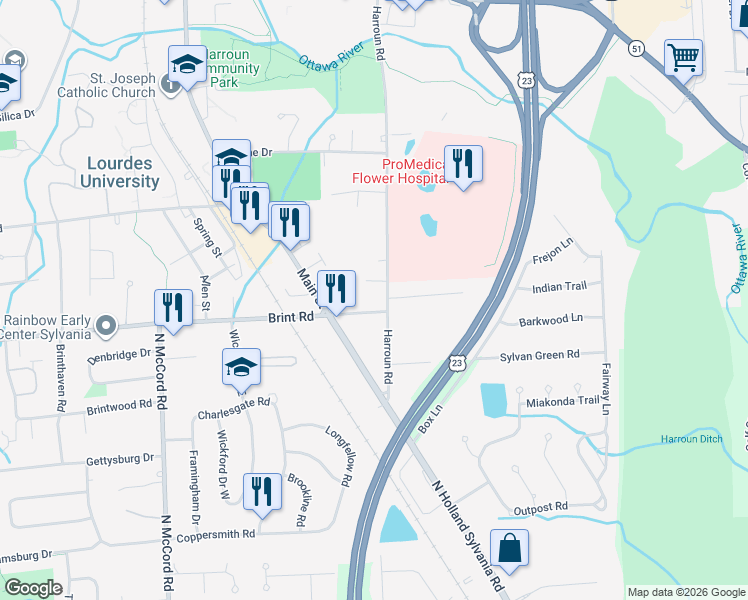 map of restaurants, bars, coffee shops, grocery stores, and more near 5055 Harroun Road in Sylvania