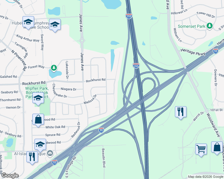 map of restaurants, bars, coffee shops, grocery stores, and more near 279 Stonegate Road in Bolingbrook