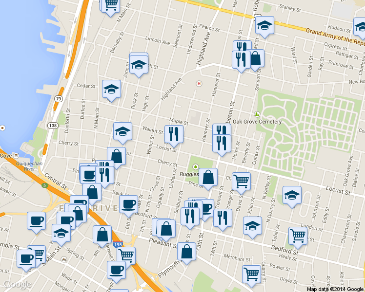 map of restaurants, bars, coffee shops, grocery stores, and more near 673 Walnut Street in Fall River