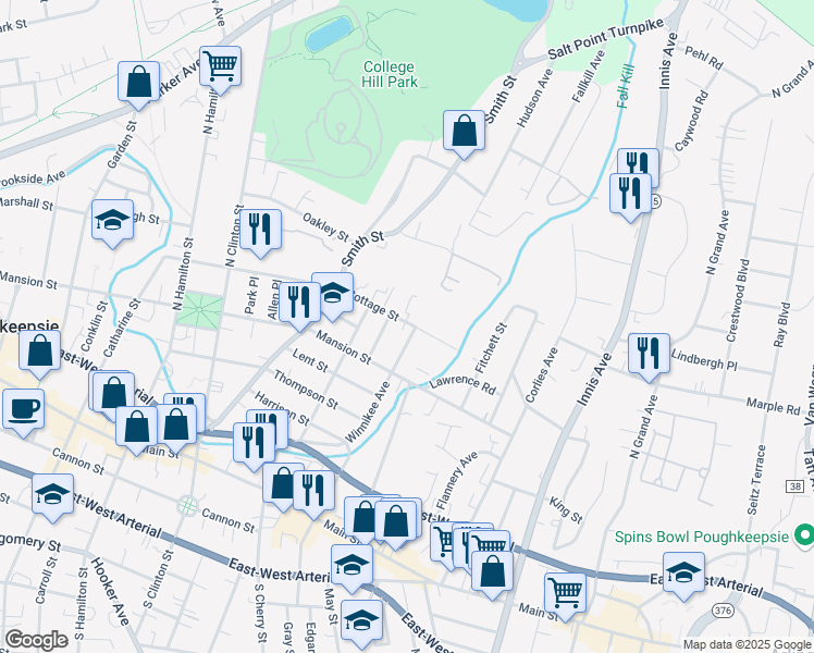map of restaurants, bars, coffee shops, grocery stores, and more near 194 Cottage Street in Poughkeepsie