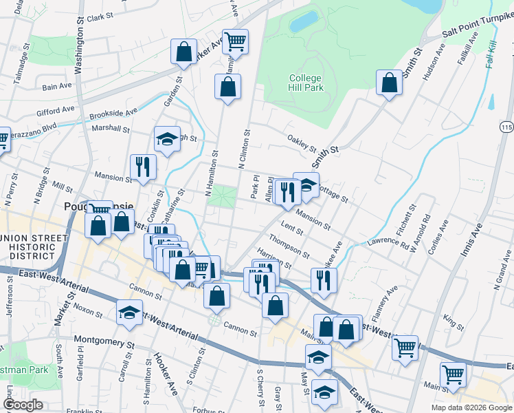 map of restaurants, bars, coffee shops, grocery stores, and more near 223 Mansion Street in Poughkeepsie