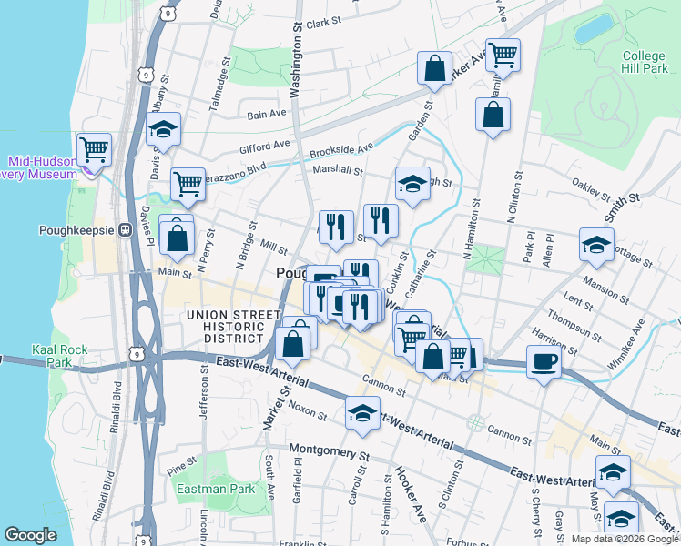 map of restaurants, bars, coffee shops, grocery stores, and more near 49 Civic Center Plaza in Poughkeepsie