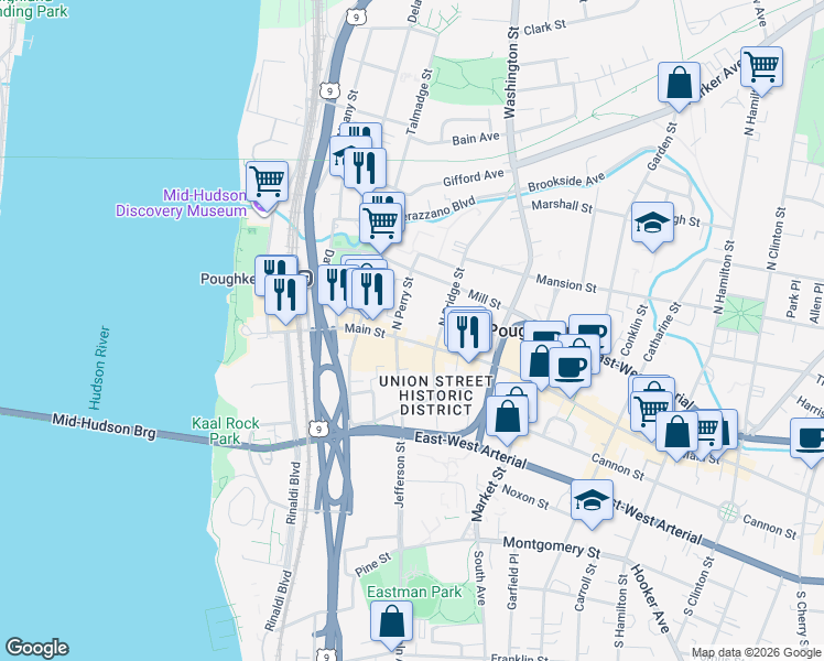 map of restaurants, bars, coffee shops, grocery stores, and more near 135 Main Street in Poughkeepsie