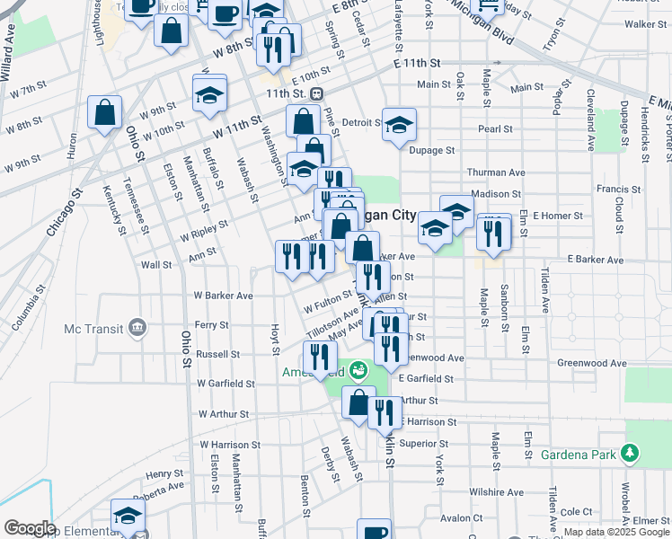 map of restaurants, bars, coffee shops, grocery stores, and more near 1807 Franklin St in Michigan City