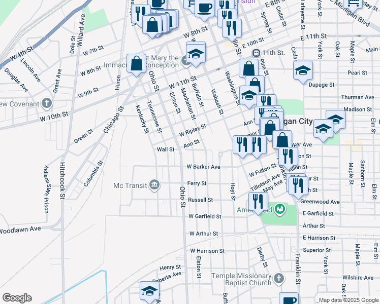 map of restaurants, bars, coffee shops, grocery stores, and more near 553 Ann Street in Michigan City