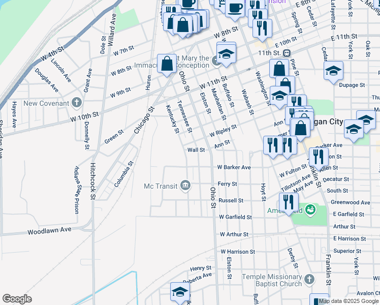 map of restaurants, bars, coffee shops, grocery stores, and more near 1507 Tennessee Street in Michigan City