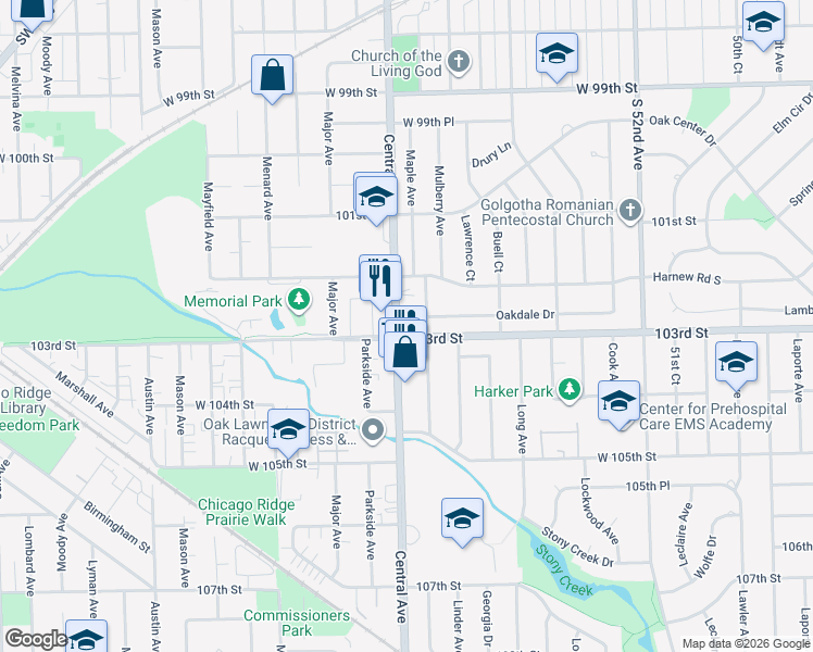 map of restaurants, bars, coffee shops, grocery stores, and more near 10230 Washington Avenue in Oak Lawn