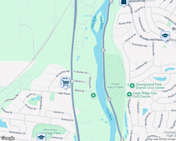 map of restaurants, bars, coffee shops, grocery stores, and more near 39 East Anchor Drive in Oswego