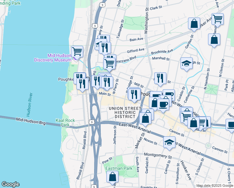 map of restaurants, bars, coffee shops, grocery stores, and more near 135 Main Street in Poughkeepsie