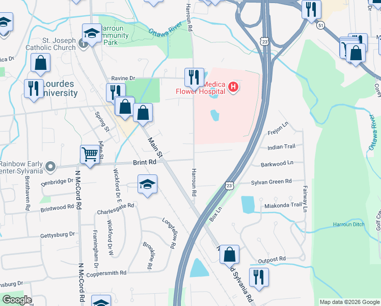 map of restaurants, bars, coffee shops, grocery stores, and more near 6262 Arrowhead Drive in Sylvania