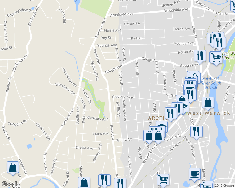 map of restaurants, bars, coffee shops, grocery stores, and more near 107 Shippee Avenue in Coventry