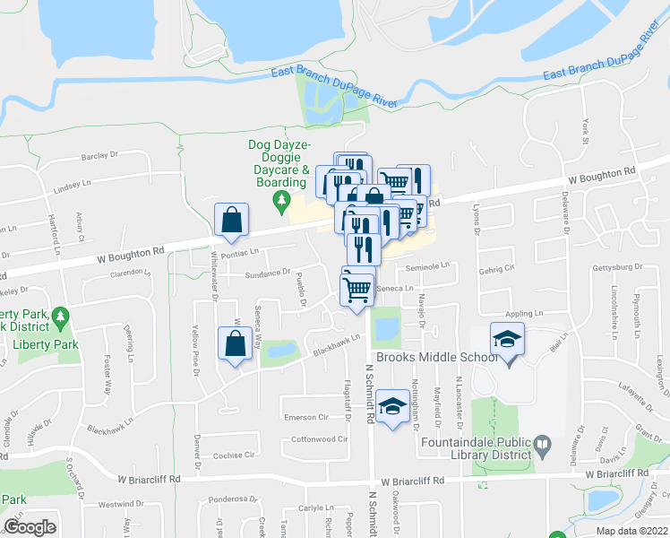 map of restaurants, bars, coffee shops, grocery stores, and more near 310 Dupage Dr in Bolingbrook