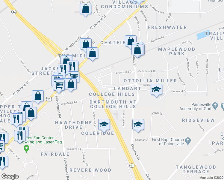 map of restaurants, bars, coffee shops, grocery stores, and more near 1001 Academy Court in Painesville
