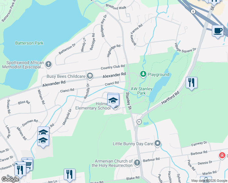 map of restaurants, bars, coffee shops, grocery stores, and more near 75 Huber Street in New Britain