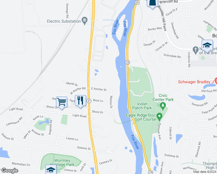 map of restaurants, bars, coffee shops, grocery stores, and more near 39 East Anchor Drive in Oswego