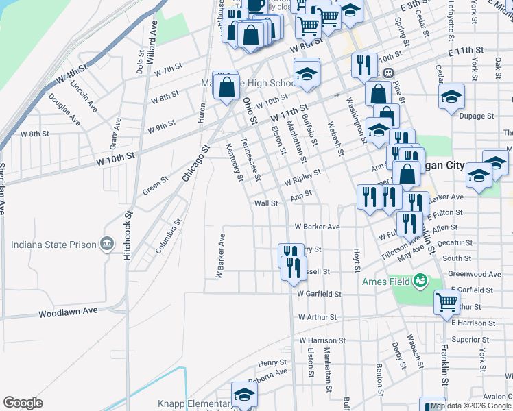 map of restaurants, bars, coffee shops, grocery stores, and more near 1507 Tennessee Street in Michigan City