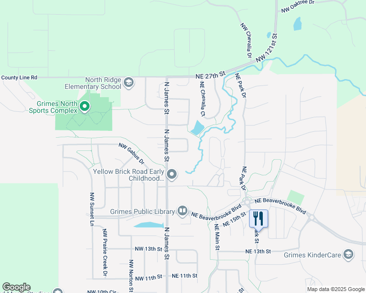 map of restaurants, bars, coffee shops, grocery stores, and more near 2205 North James Street in Grimes
