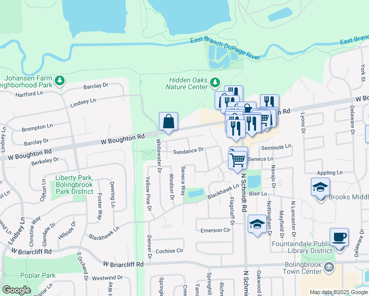 map of restaurants, bars, coffee shops, grocery stores, and more near 627 Pontiac Lane in Bolingbrook