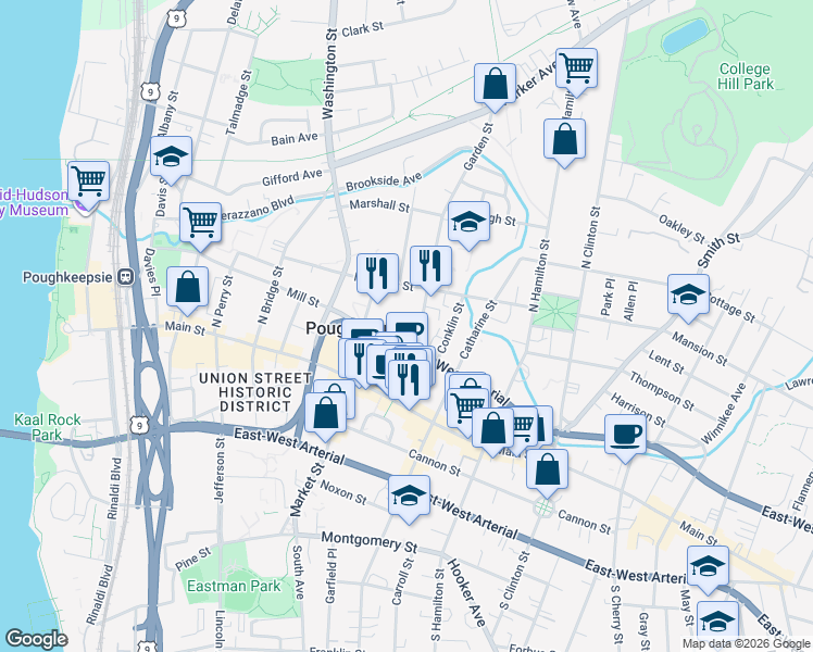 map of restaurants, bars, coffee shops, grocery stores, and more near 50 Garden Street in Poughkeepsie