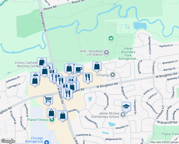 map of restaurants, bars, coffee shops, grocery stores, and more near 1138 West Boughton Road in Bolingbrook