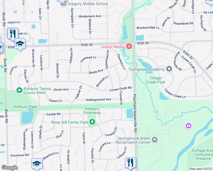 map of restaurants, bars, coffee shops, grocery stores, and more near 1220 Boswell Lane in Naperville