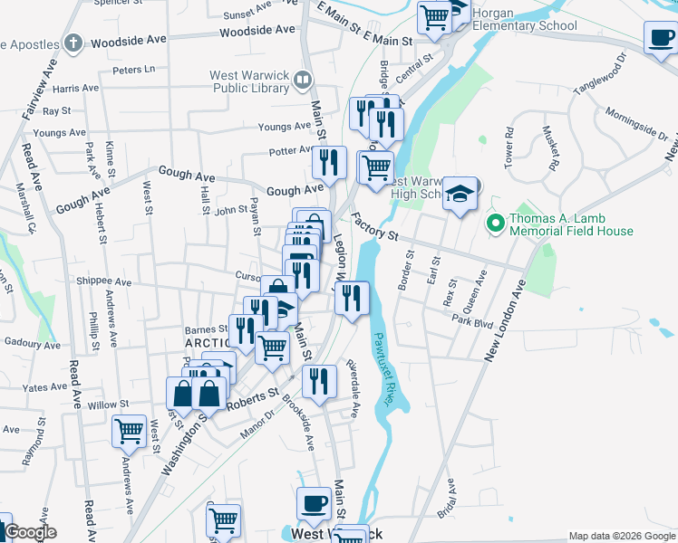 map of restaurants, bars, coffee shops, grocery stores, and more near 23 McElroy Street in West Warwick