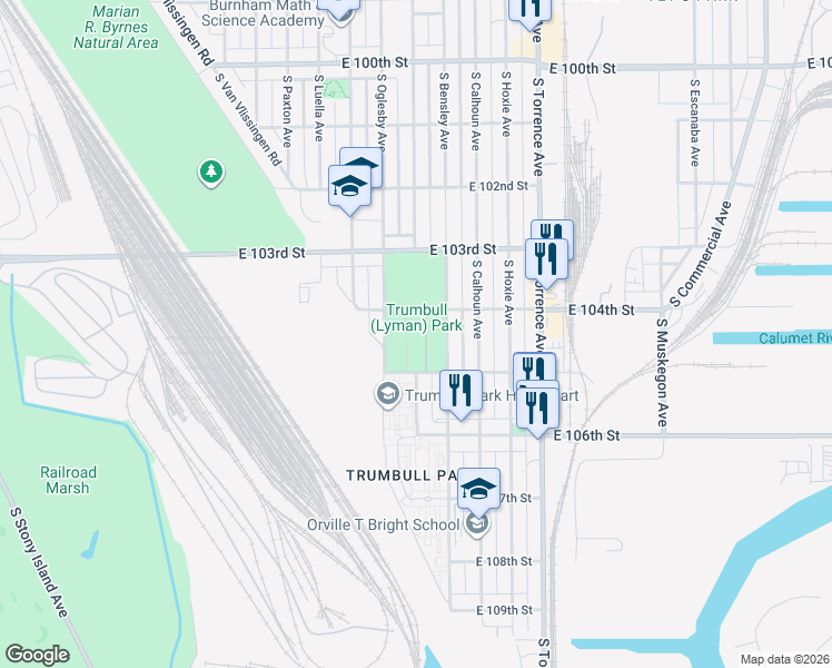 map of restaurants, bars, coffee shops, grocery stores, and more near 2400 East 105th Street in Chicago