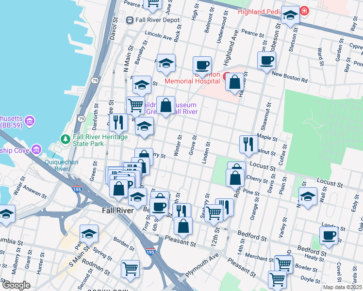 map of restaurants, bars, coffee shops, grocery stores, and more near 229 Winter Street in Fall River