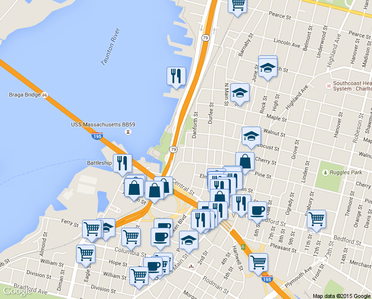 map of restaurants, bars, coffee shops, grocery stores, and more near 27 Cherry Street in Fall River