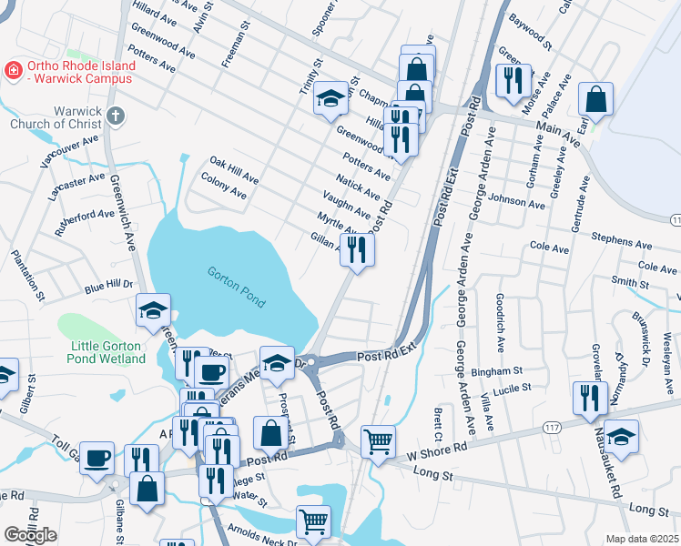 map of restaurants, bars, coffee shops, grocery stores, and more near 230 Burt Street in Warwick