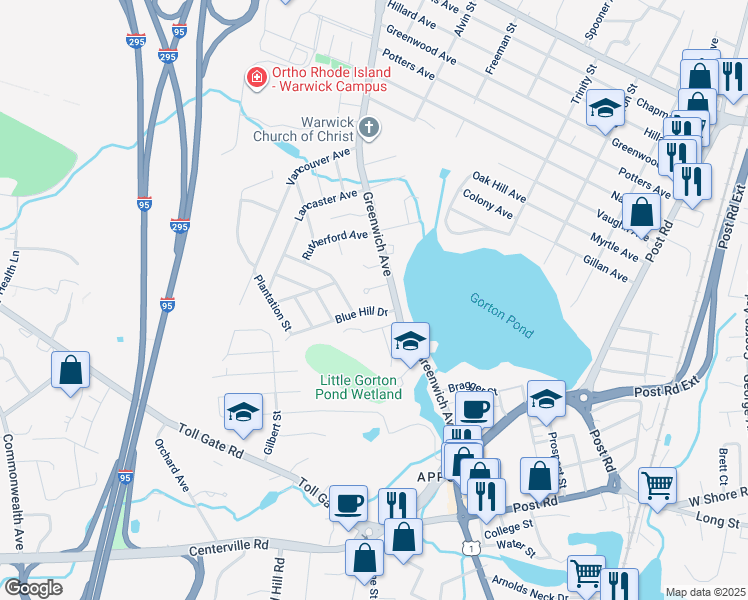 map of restaurants, bars, coffee shops, grocery stores, and more near 33 Great Oak Drive in Warwick