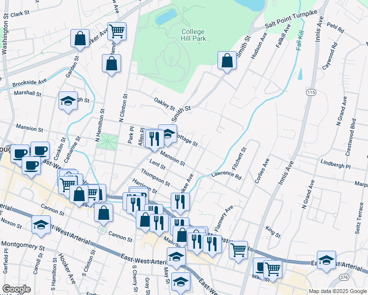 map of restaurants, bars, coffee shops, grocery stores, and more near 187 Cottage Street in Poughkeepsie