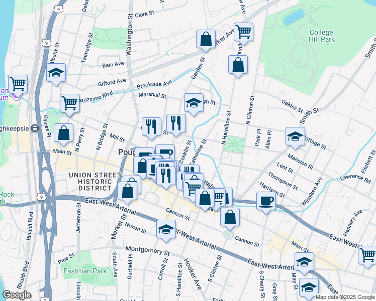 map of restaurants, bars, coffee shops, grocery stores, and more near 33 Conklin Street in Poughkeepsie